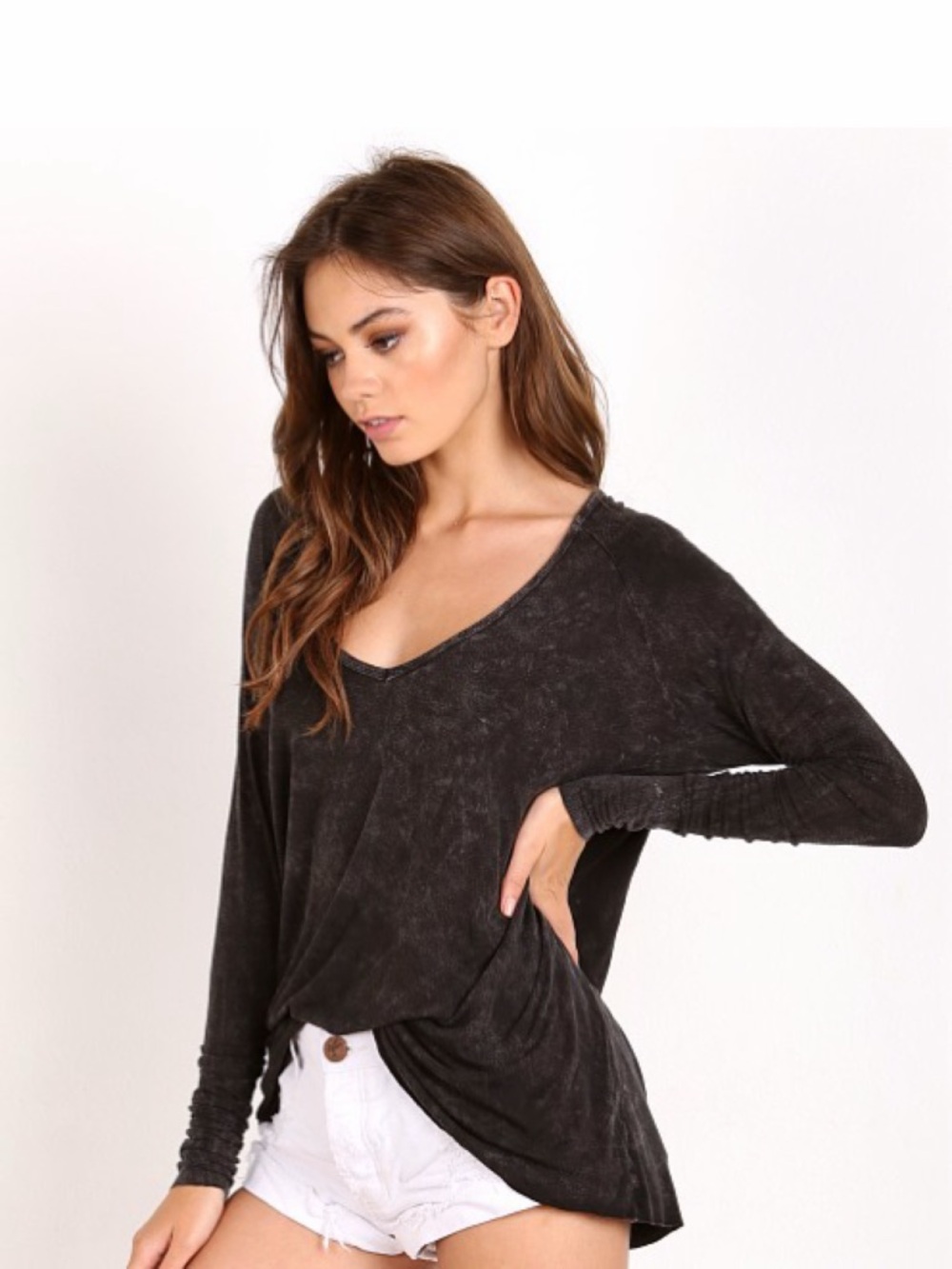Joah Brown For Keeps V-Neck Washed Charcoal Long Sleeve Top One Size